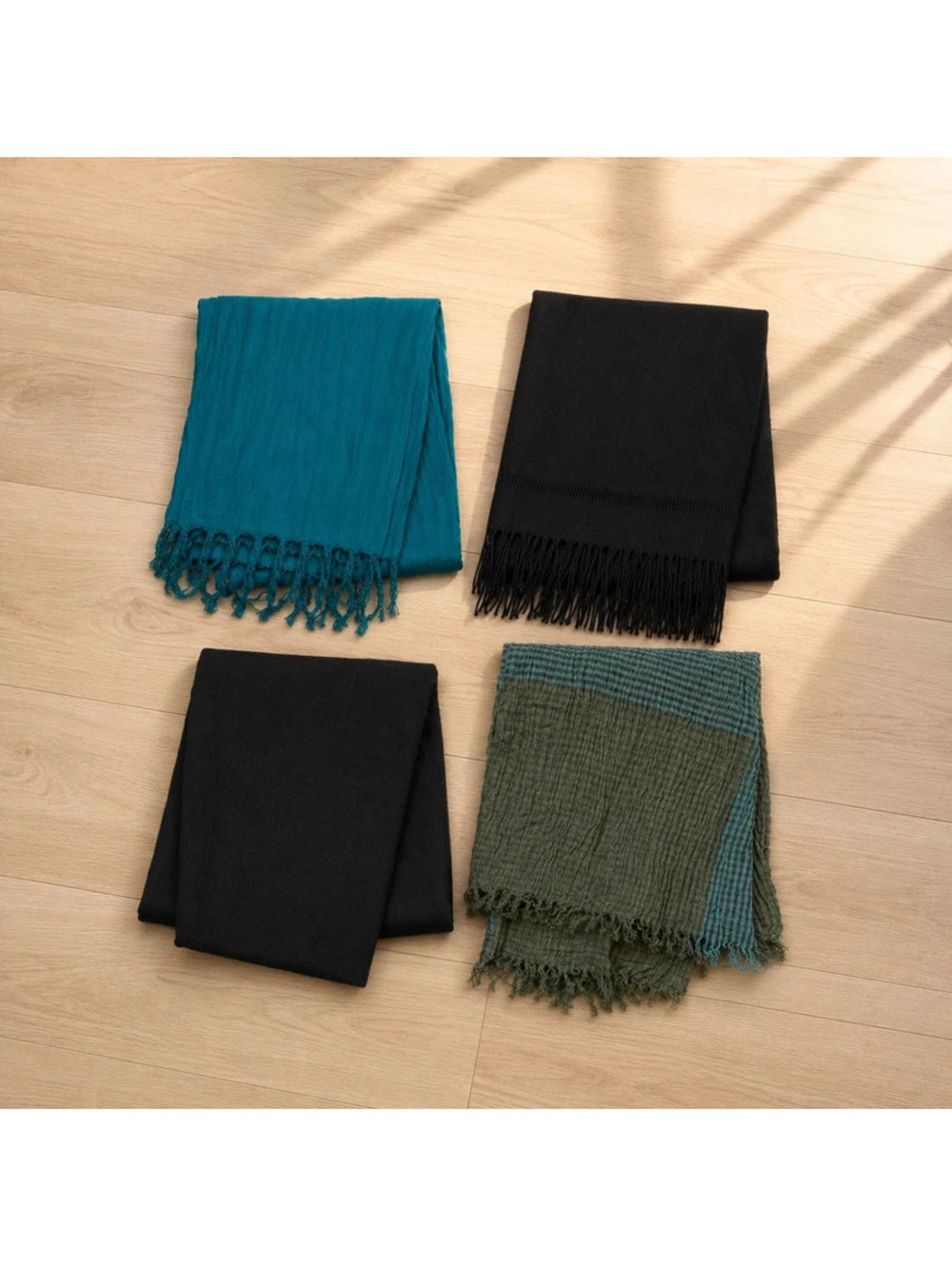 4 Women’s Scarf Bundle H&M Teal Black Plaid Fringe Lightweight Winter Wraps